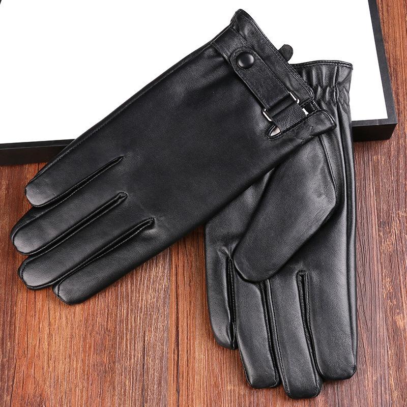 Autumn and Winter Sheepskin Thermal Gloves Simple Men's Velvet Thickened Cold Driving Outdoor Riding Touch Screen Leather Gloves