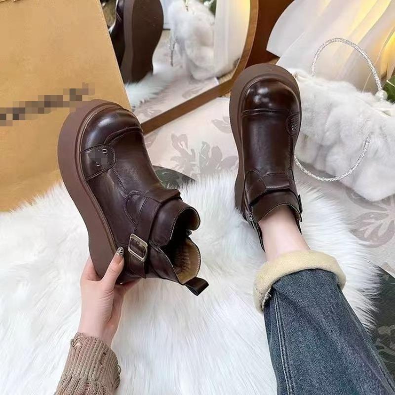 Fashion Platform Short Boots Women's Winter New Velvet Warm Leather Cotton Shoes Thin British Martin Boots