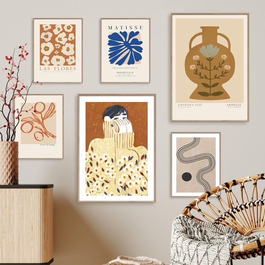 Abstract Lines Girl Vase Leaves Flowers Wall Art Canvas Painting Posters And Prints Hotel Cafe Pictures For Living Room Decor