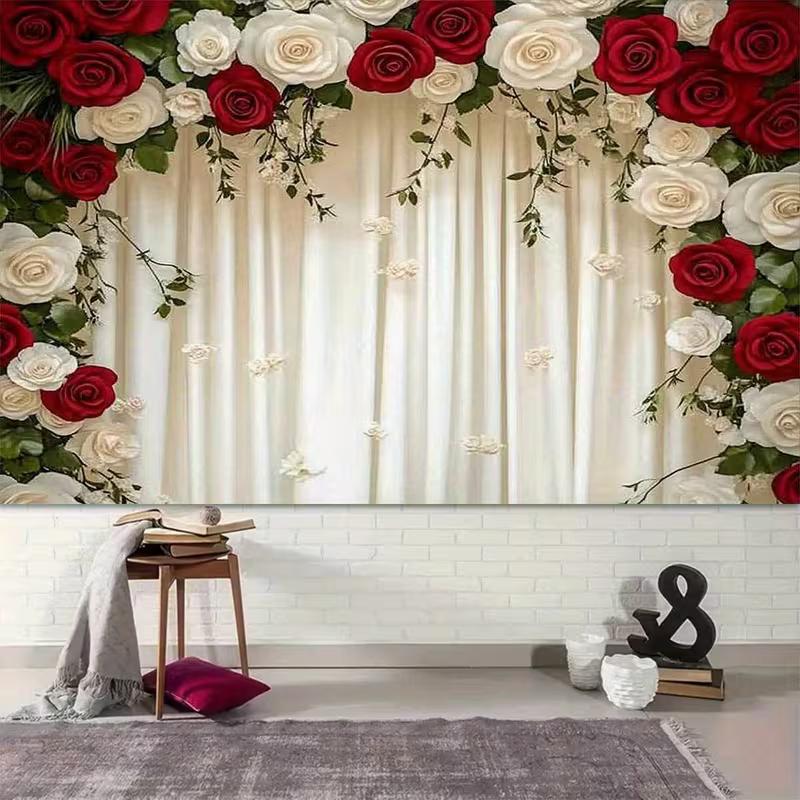 2D Red & White Rose Backdrop Cream Curtain Wedding Ceremony Background