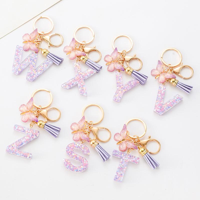 A-Z Alphabet Resin Keychain Purple Butterfly Tassel Pendant Classic Retro Durable Women Bag Accessory Practical Backpack Hanging Charm
