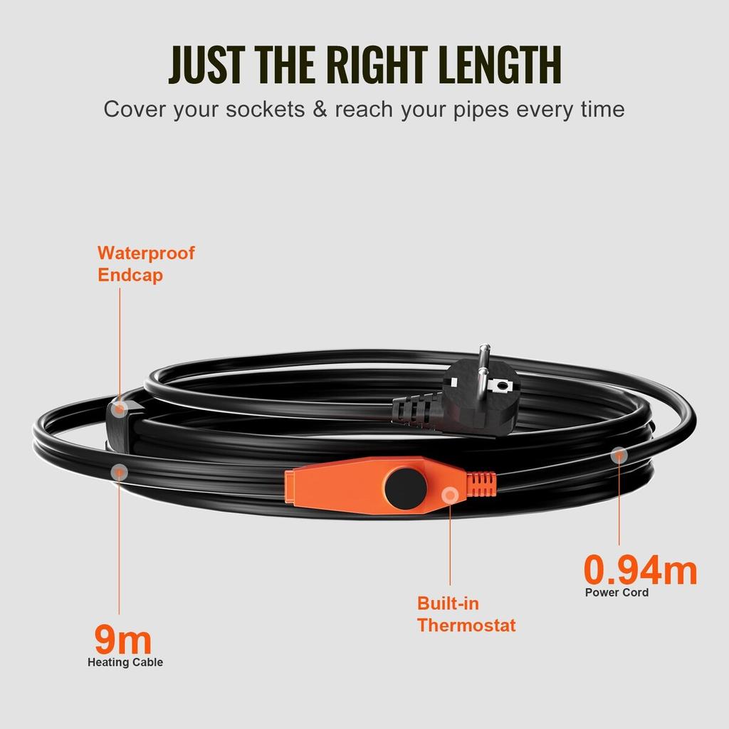 Pipe Heating Cable 9m 23W/m Heat Tape for Pipes with Built-in Thermostat