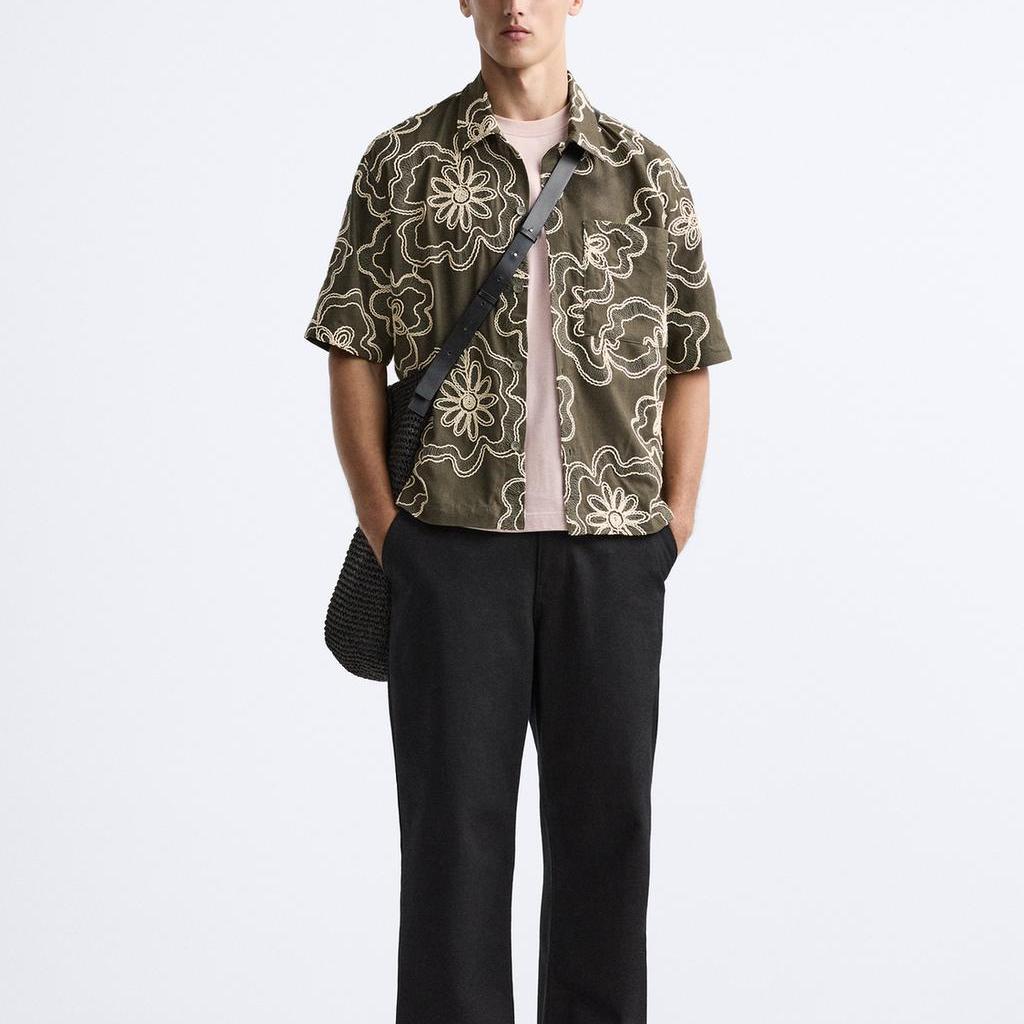 Zara Loose Floral Print Collared Short Sleeve Shirt Men shirts Dark-Khaki 9860330-507