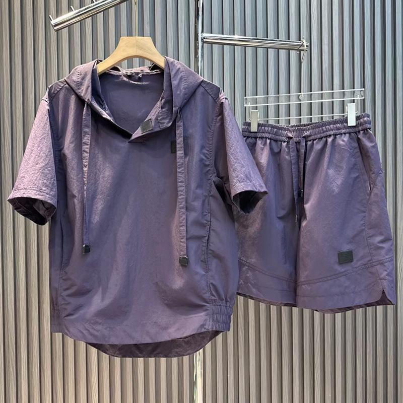 Men's Summer Casual Solid Color Two-Piece Sportswear Set - Hooded Pullover & Shorts