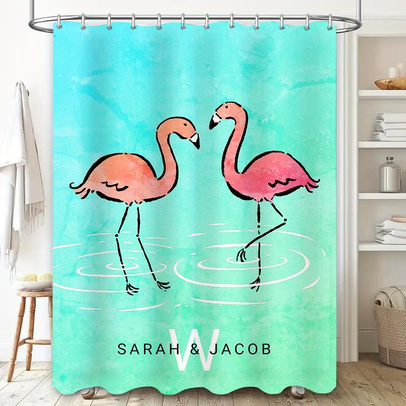 Colorful Flamingo Shower Curtain Personalized with Name and Initials for Bathroom Decorations