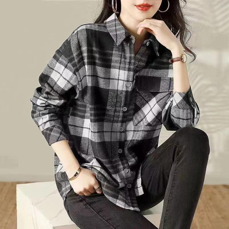 Women's Autumn 2025 Plaid Wool Mid-Length Loose Shirt