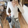 Eleganter V-Ausschnitt Koreanischer Strick-Cardigan mit Spitzenbesatz für Damen, Schlankmachendes Herbst-Langarm-Oberteil