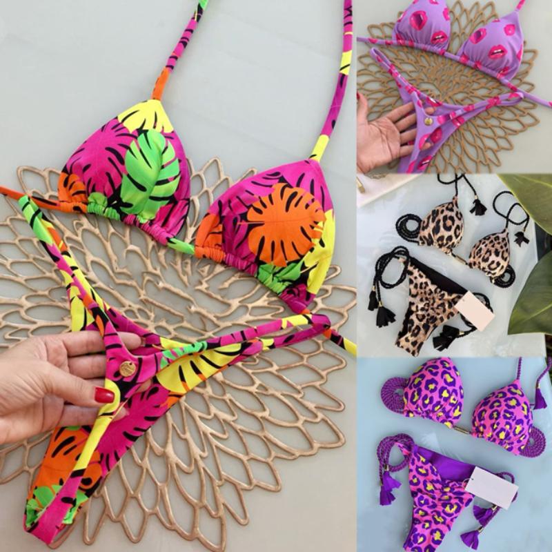 Seksowny Kostium Kąpielowy Bikini z Panterką i Wiązaniami Zestaw Trójkątny Kostium Kąpielowy Kostium Kąpielowy Push-Up Zestaw Bikini z Wiązaniami na Plaży Letni Strój Plażowy Kostium Kąpielowy Stringi