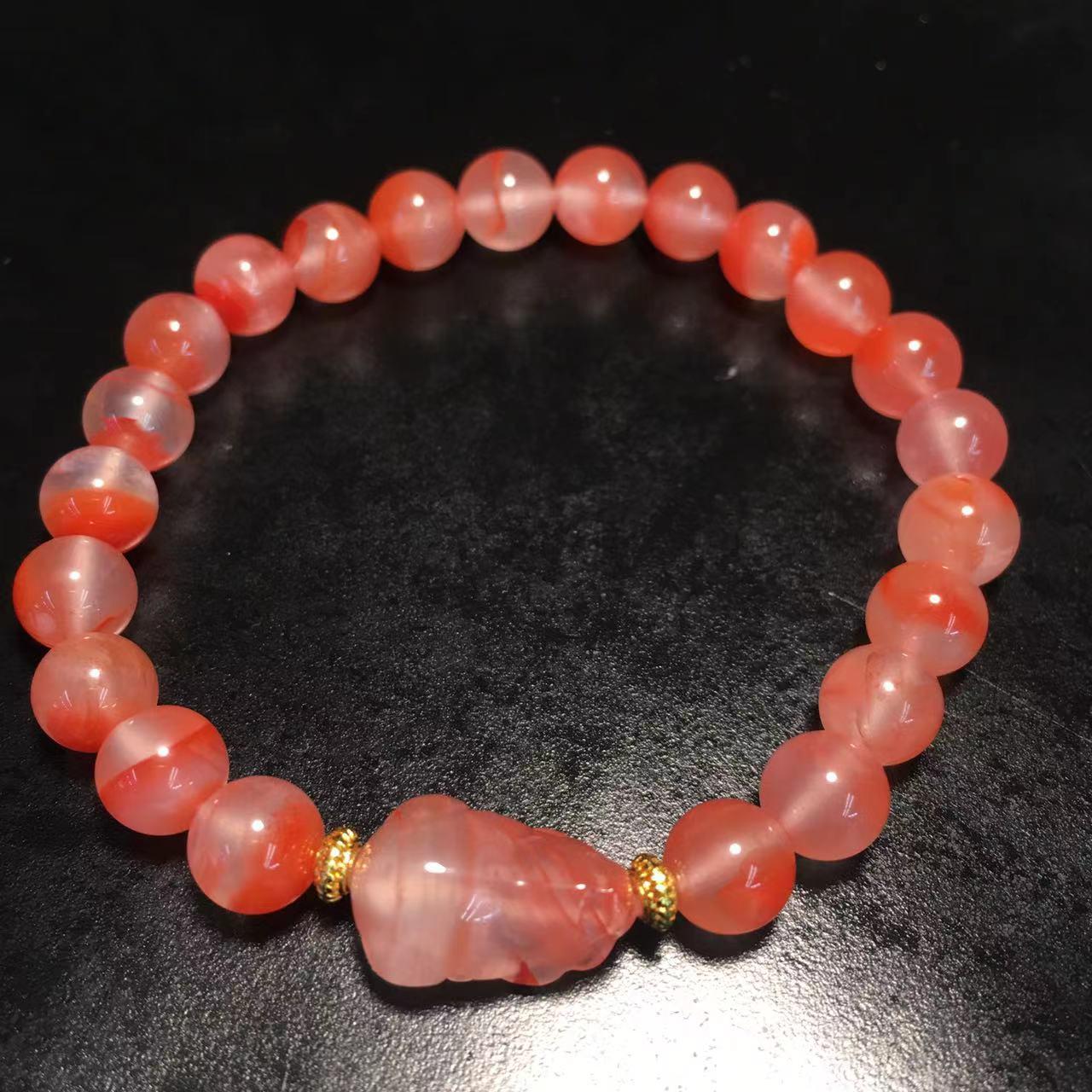 Nan Hong Agate Bracelet with Pixiu and Flower Patterns - Red Ice Float, No Impurities