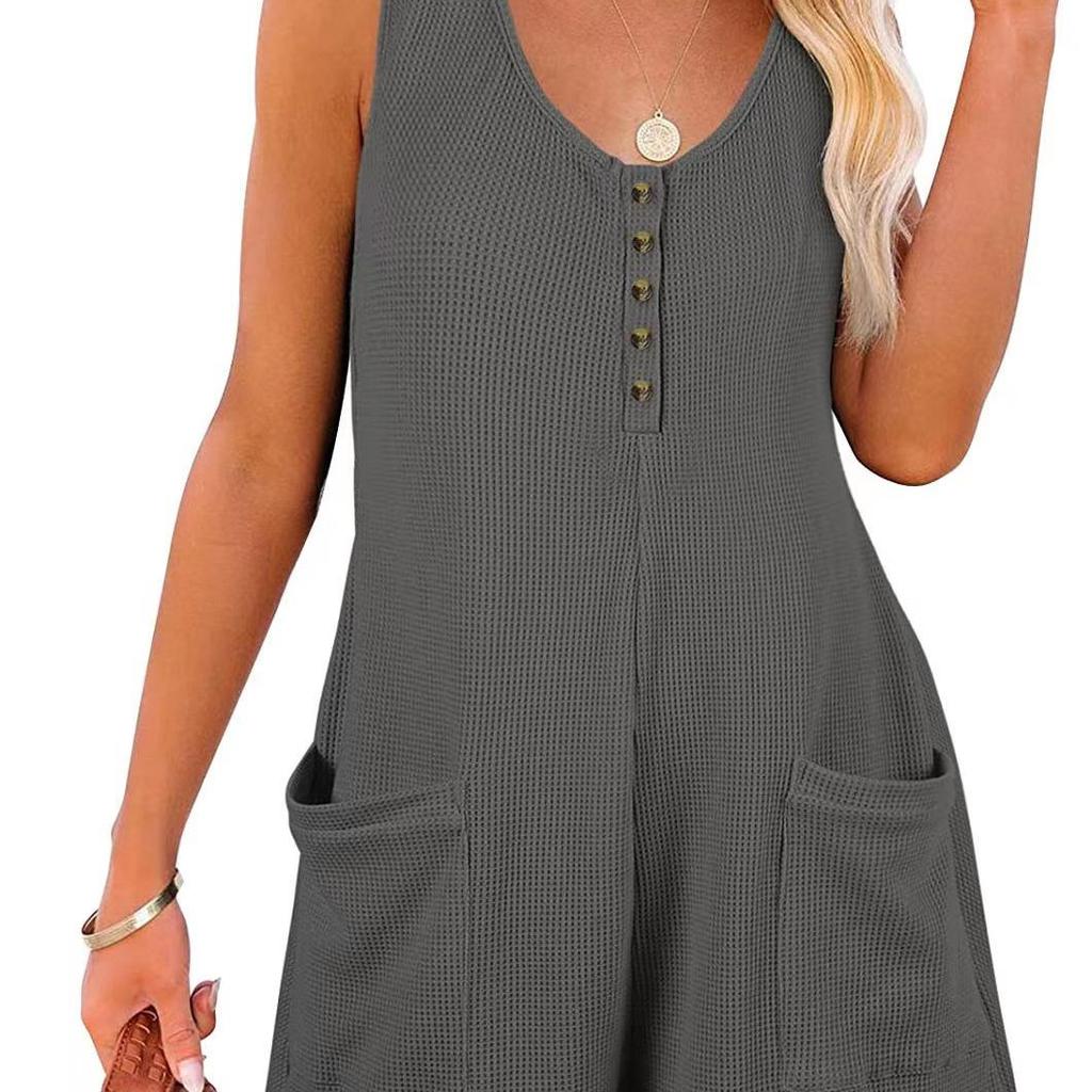 Button-down Front with Pocket Jumpsuit, Summer Casual Solid-color Sleeveless Jumpsuit