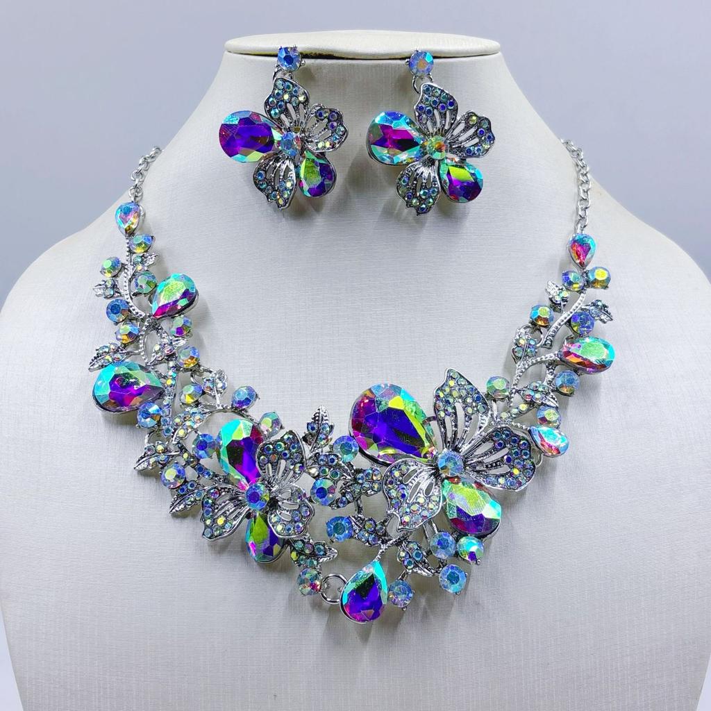 Flower Necklace And Earrings Set - Bridal Dress Accessory For Bridesmaid At Wedding Banquet