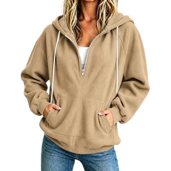 Comfortable Loungewear Top Womens Quarter Zip Hoodie, Oversized Loose Fit Long Sleeve Sweatshirt with Full Corduroy Hoodie Drawstring Hood Kangaroo