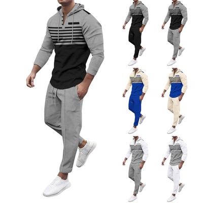 Men's Casual Long Sleeve Pants Suit Outdoor Sports Hooded Striped Long Sleeve Pants Suit