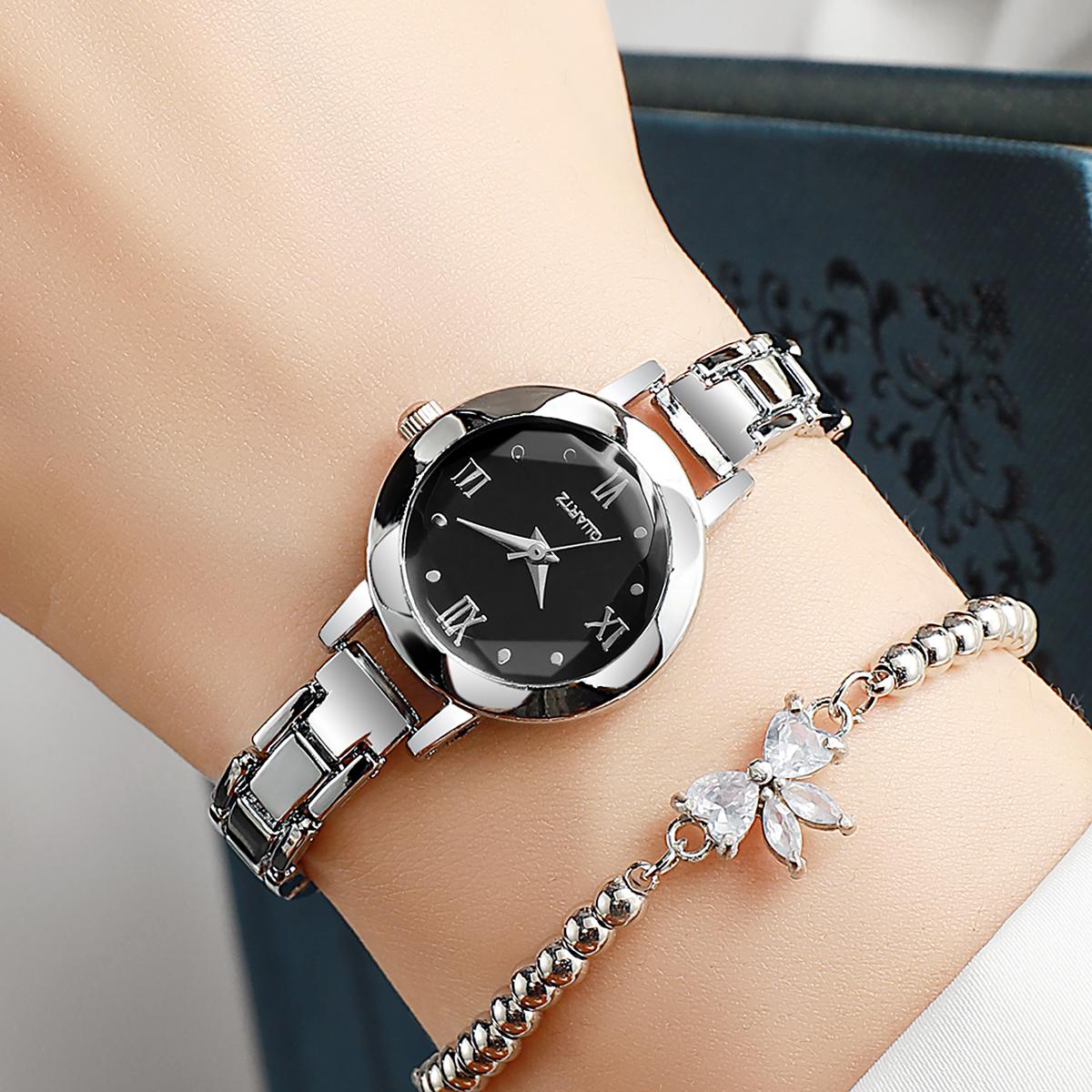 

No gift box, Korean version, simple and stylish, slim strap, small quartz strap, butterfly bracelet, two-piece set серебряный