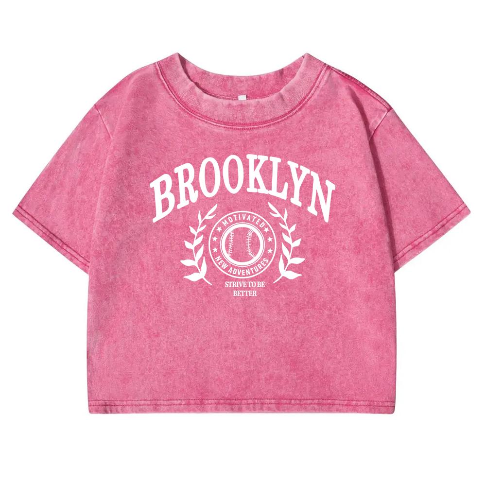 Brooklyn Art Leaf Design Printed Retro T-Shirt Women Washed Cotton Tees Shirt Fashion Street Short Sleeve Slim Tee Shirts