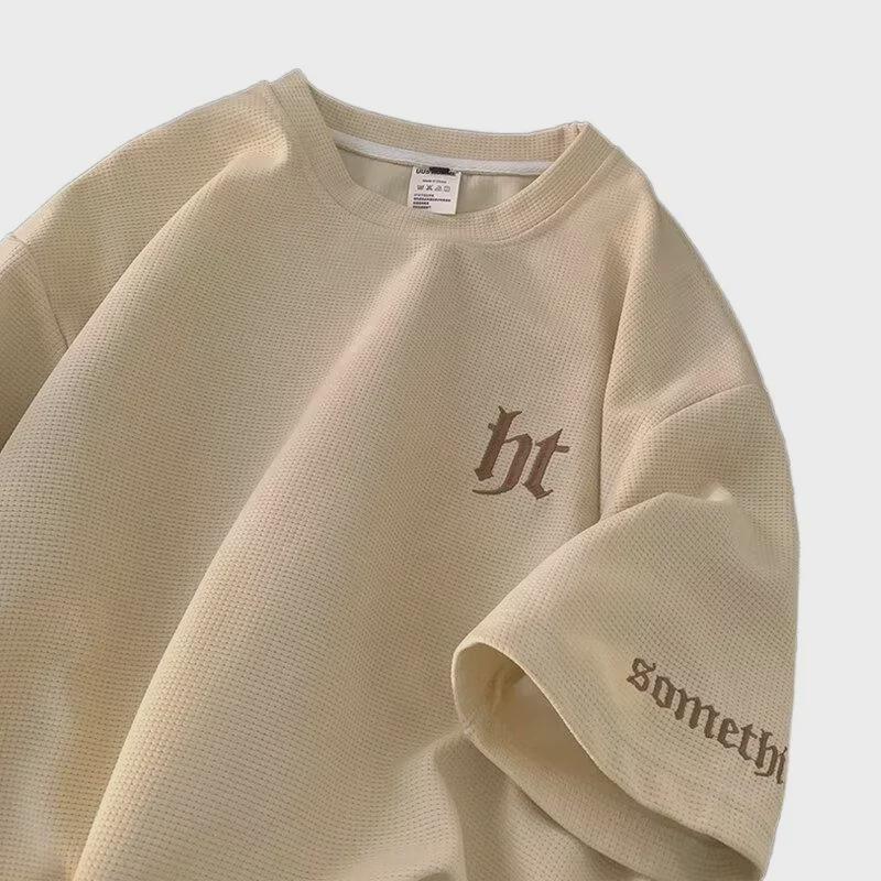 Men's Short-Sleeved Heavyweight Waffle T-Shirt - Trendy, Versatile, Casual, with Embroidered Design