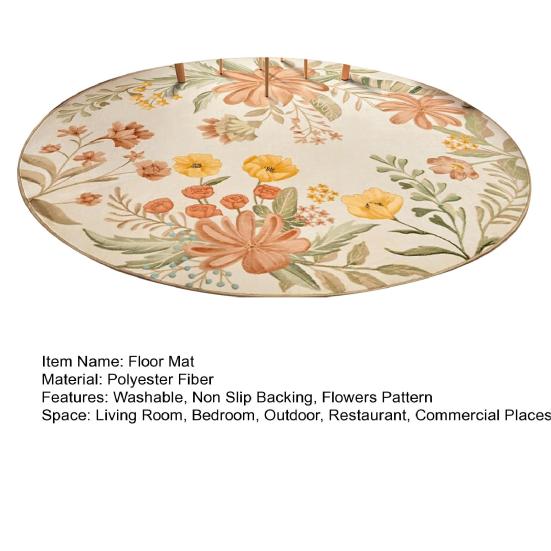 Round Floor Mat Plant Flowers Pattern Non-Slip Rubber Backing Machine Washable Decorative Rug Living