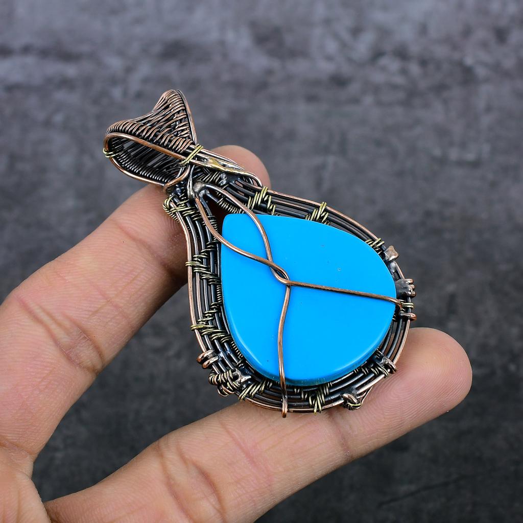 Sleeping Turquoise Handmade Copper Wire Wrap Jewelry Pendant 2.80" O9F39