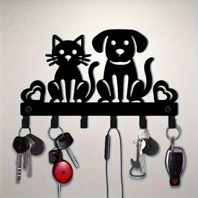 Cat Dog Key Hook Storage Rack Heavy Duty Iron Black Finish Wall Mounted Pet Lover Gift