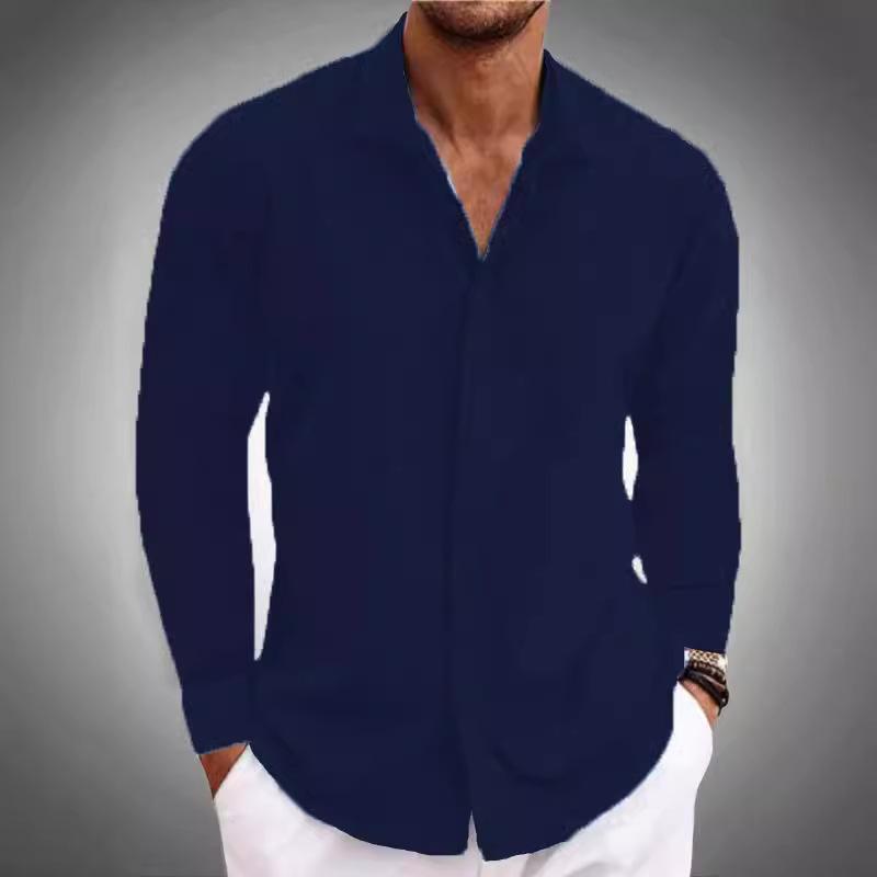 

Cross-border Spring and Autumn European and American Men s Daily Leisure Splicing Double Access Control Hidden Button Lapel Long-sleeved Shirt S темно-синий