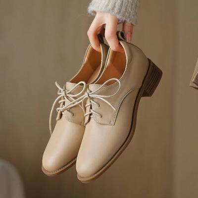 Cow Leather Round Toe Thick Med Heels Spring Shoes Brogues Big Size 43 Lace Up Women Pumps
