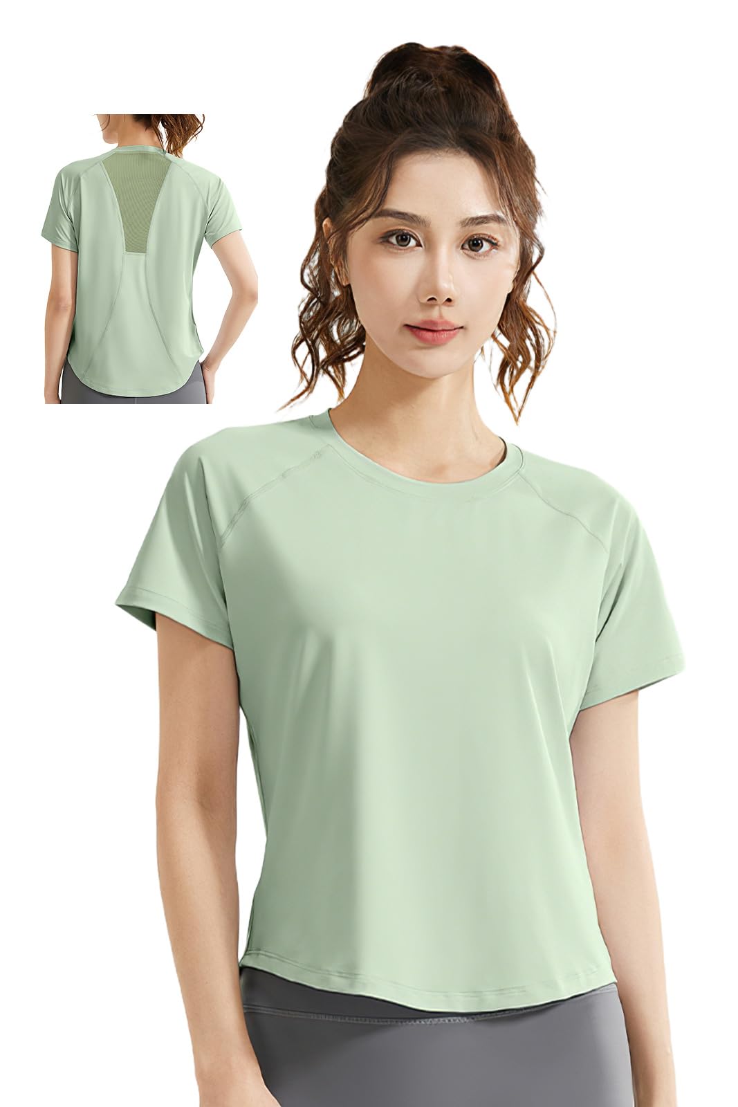 

MORGEN SKY Short Sleeve Yoga Activewear Top with Round Breathable Thin and Stretch and Flattering for and Fitness Women s Hem, Mesh, Fabric, Slimming, зелёный