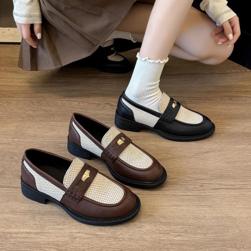 Loafers Women's Square Head 2025 Spring and Summer New Soft Leather Single Shoes Mesh Breathable Retro Camellia Black Small Leather Shoes