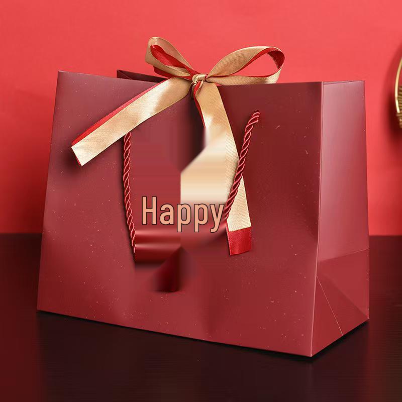 Red Festive Wedding Gift Bag with Ribbon Handle - Thin Striped Candy/Birthday Packaging