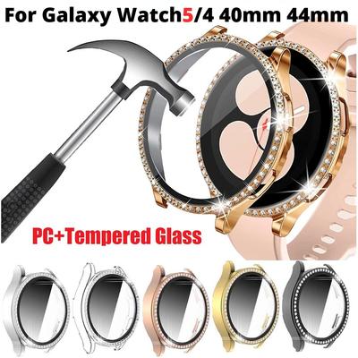 LUJING Glass+Pouzdro pro Samsung Galaxy Watch 4 44mm 40mm Příslušenství Bling Diamond PC nárazník Shell +Ochrana displeje Kryt Galaxy Watch4