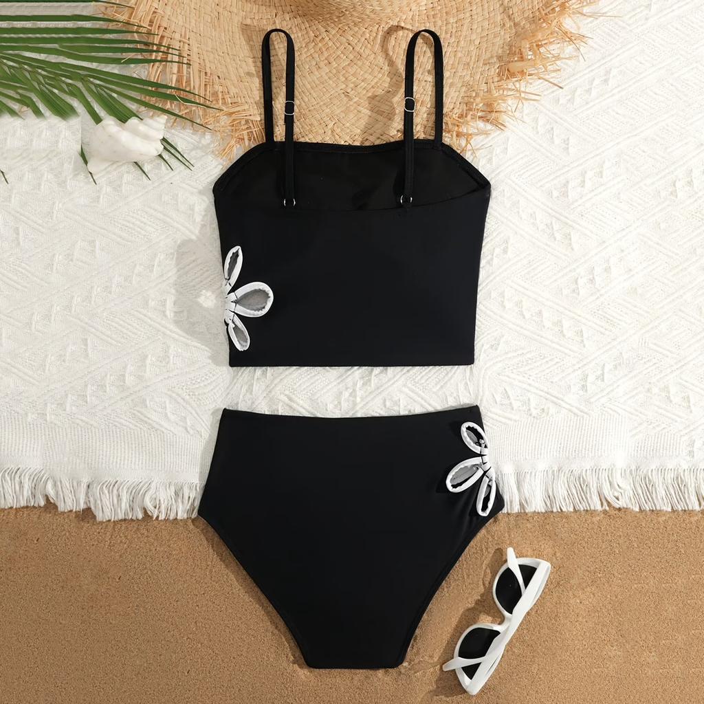 Girls Two Piece Swimsuit Set Tankini Top with Adjustable Straps High Waist Bottom Swimwear for Kids Beach Pool
