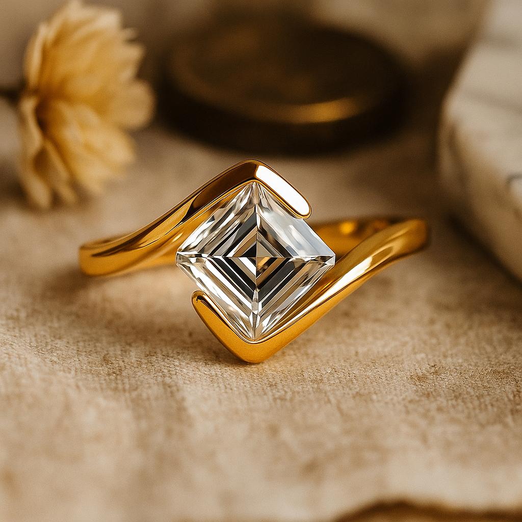 Princess Cut Moissanite Engagement Ring, Half Bezel Wave Design, Yellow Gold Plated Bridal Jewelry, Anniversary Promise Ring for Her