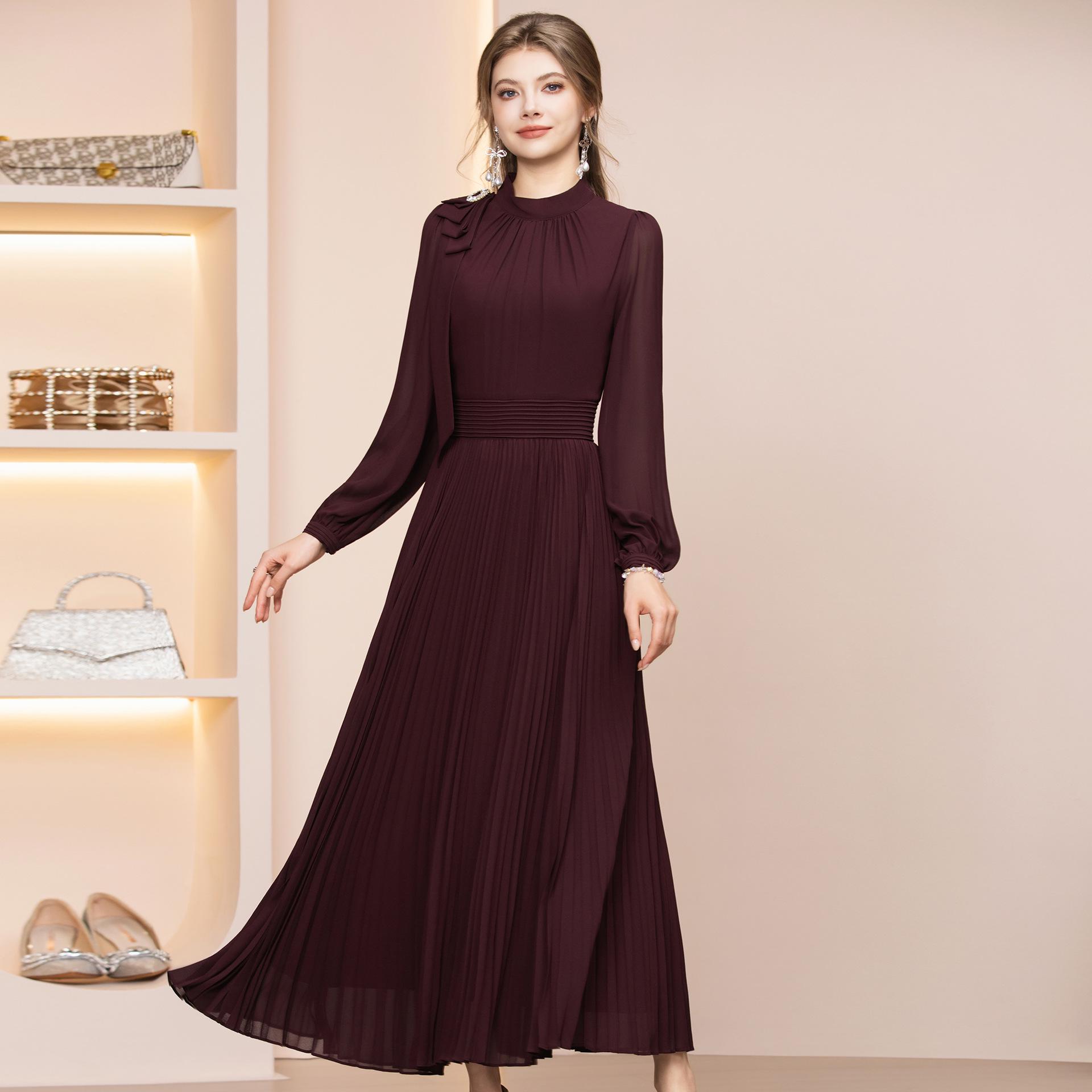 Zhi Li Lightly Mature Coffee Bow Pleated Dress – Slim Waist, Large Hem Skirt, 2026 Spring Collection 2XL