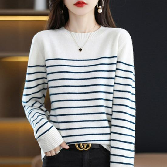 Women's Wool Round Neck Sweater - Autumn/Winter Striped Loose Knit Base Layer