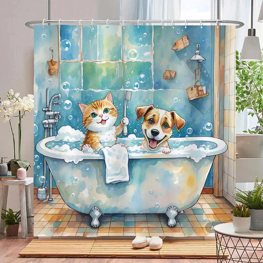 Funny Bathing Cat and Dog Shower Curtain Waterproof Bathroom Curtain Creative and Interesting Partition Bath Curtain with Hooks