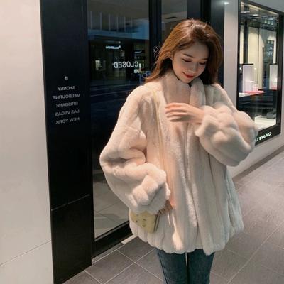 Autumn and Winter Rabbit Fur Imitation Fur Women's Mid Length Plush Clothes Loose Lamb Fur Coat Standing Collar Fur Coat
