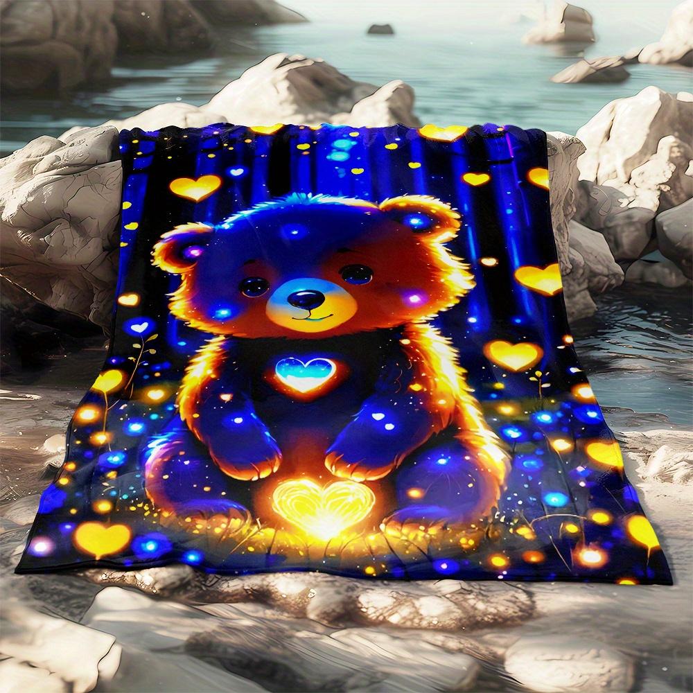 Glow-in-the-Dark Blue Bear Flannel Blanket - Soft & Lightweight for Sofa/Bed/Travel,Digital Print Cozy Gift for Family & Friends