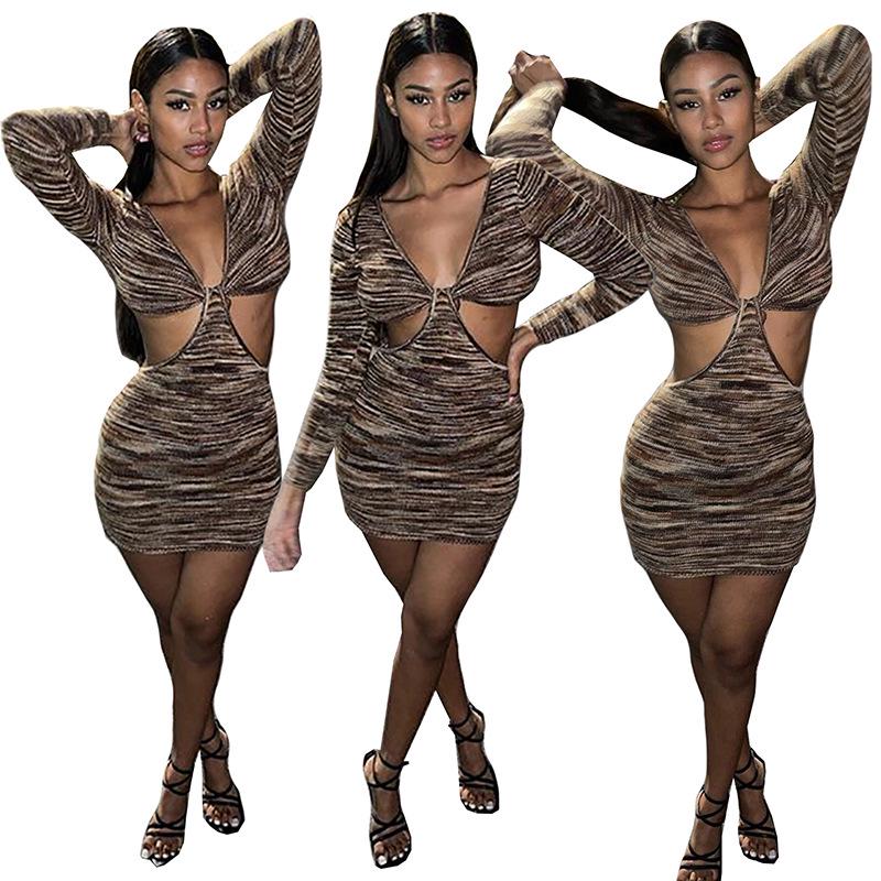 JH5906 European & American Women's Sexy V-Neck Hollow Ribbed Long-Sleeve Dress