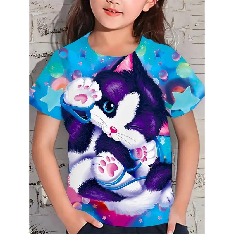 Fun Girl T-shirt Summer Short Sleeved Top Cartoon Animal Cat 3D Printing 2025 Girl Clothing
