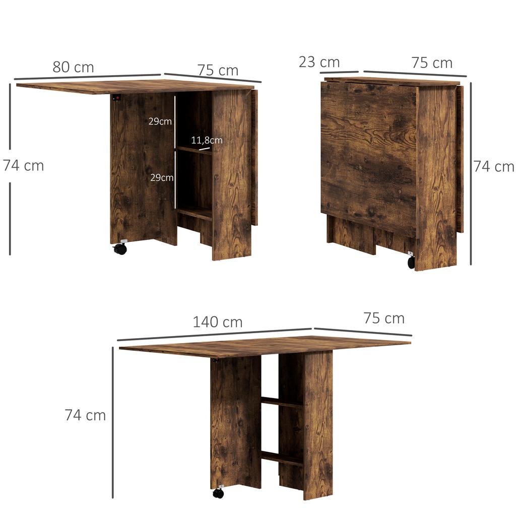 Folding Dining Table on Wheels, 2 Drop Leaves, 2 Shelves, 140 x 80 x 74 cm, Rustic Brown