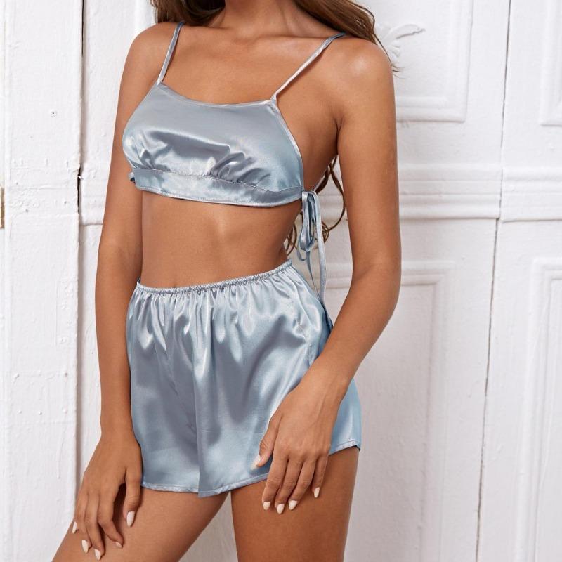 Women's Hot Sexy Ice Silk Solid Colour Pyjamas Sexy Suspenders Shorts Set Homewear Two-piece Set