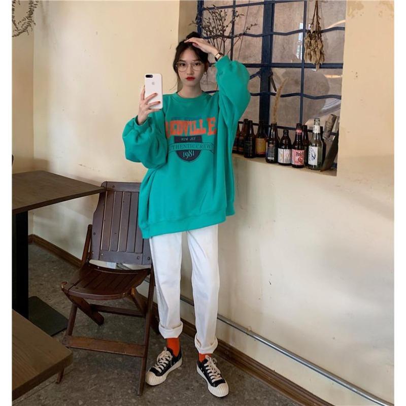 Women Long Sleeve O Neck Loose Pullovers Female Tops Solid Color Sweatshirts