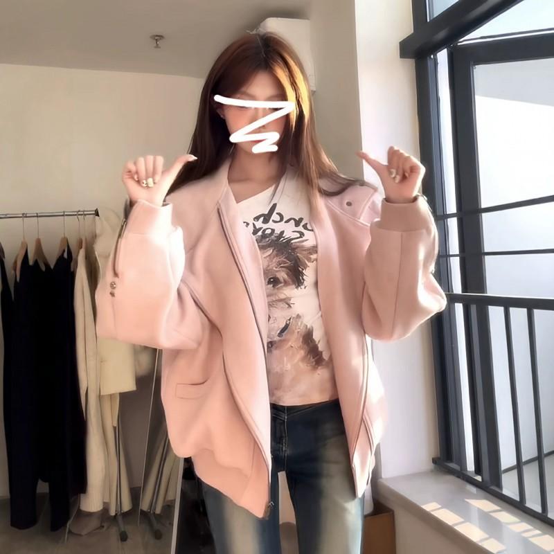 Womens Pink Suede Short Bomber Jacket Fall 2026 Loose Fit Polo Collar Outerwear Casual Chic