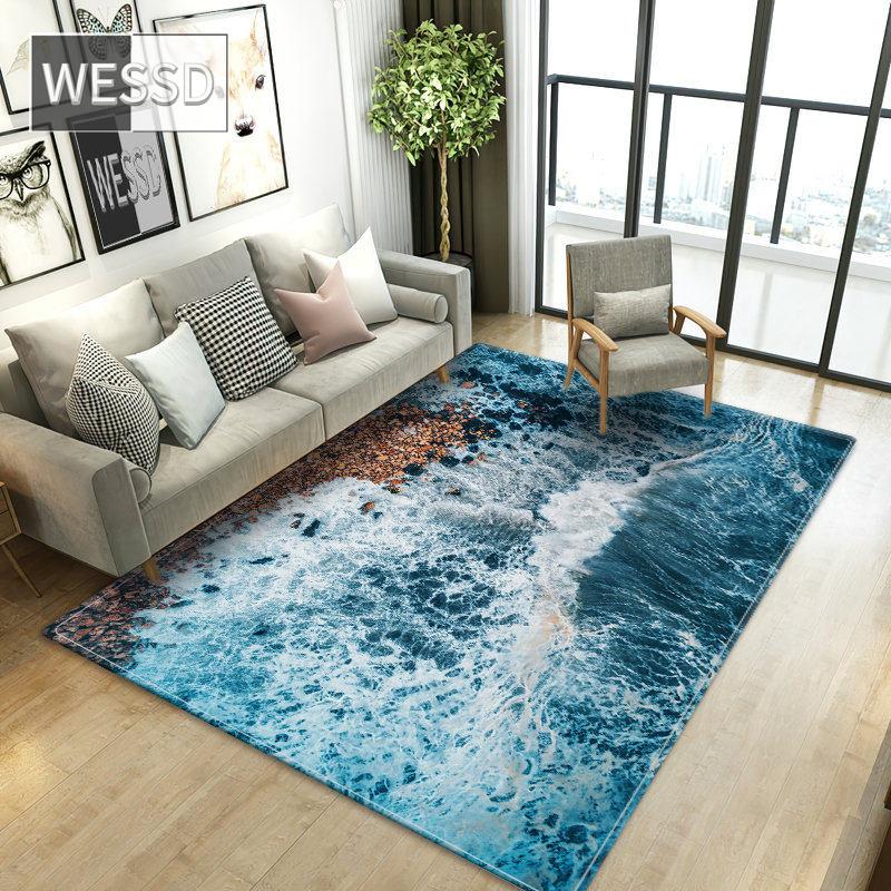 Alfombra 3D de olas del mar para mesita para café de sala de estar, alfombra de franela con esponja para baño, alfombra para pasillo, mesita de noche para suelo de dormitorio
