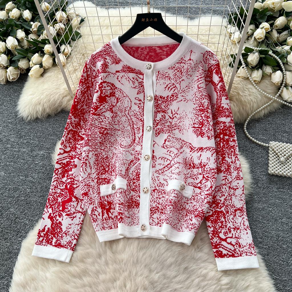 Toamnă Iarnă Femei Designer Vintage Imprimeu Tricotat Pulover Catwalk Set Pantaloni Două Piese Cardigane cu Gât în V Topuri și Costum Pantaloni cu Talie Elastică