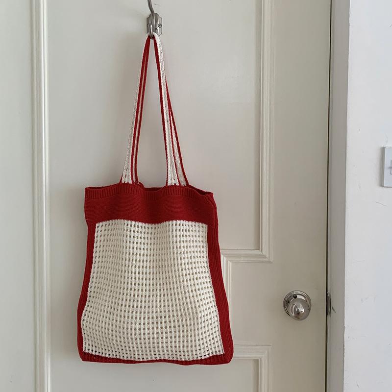 Simple Women's Vacati Beach Shoulder Bag Hollow Knitted Female Travel Tote Handbags Ctrast Color Portable Shopping Bags