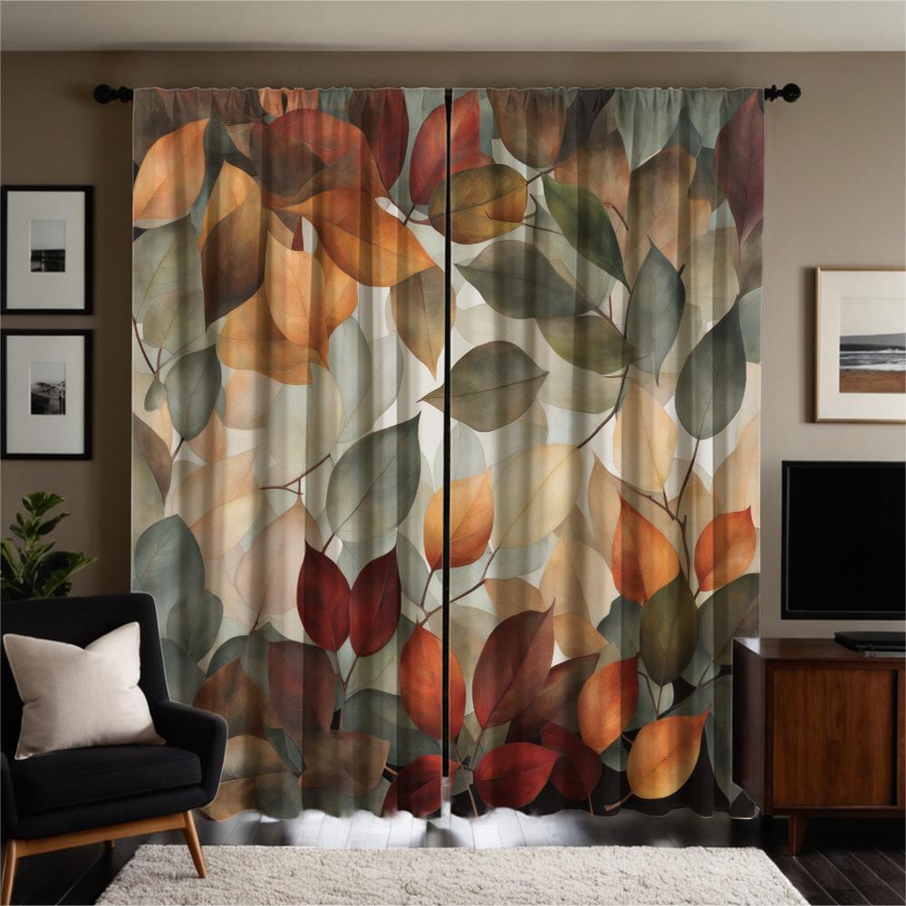 2-piece set of high-definition digital printed curtainautumnLeavesStyleColorfulPatternForRodPocketCurtainHome decoration style