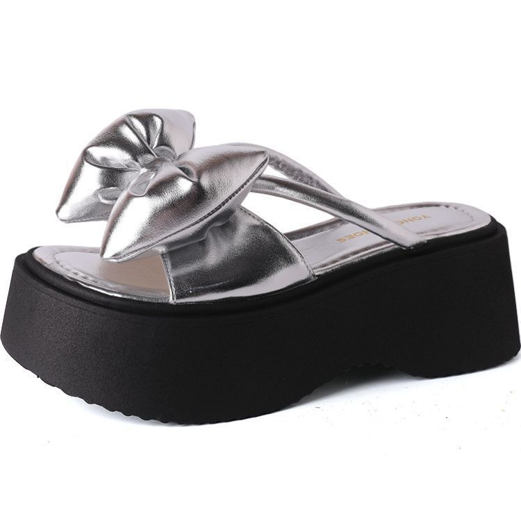 Gentle fairy wind bow thick bottom heightening women's outer wear 2025 summer new fashionable versatile one-word cool slippers