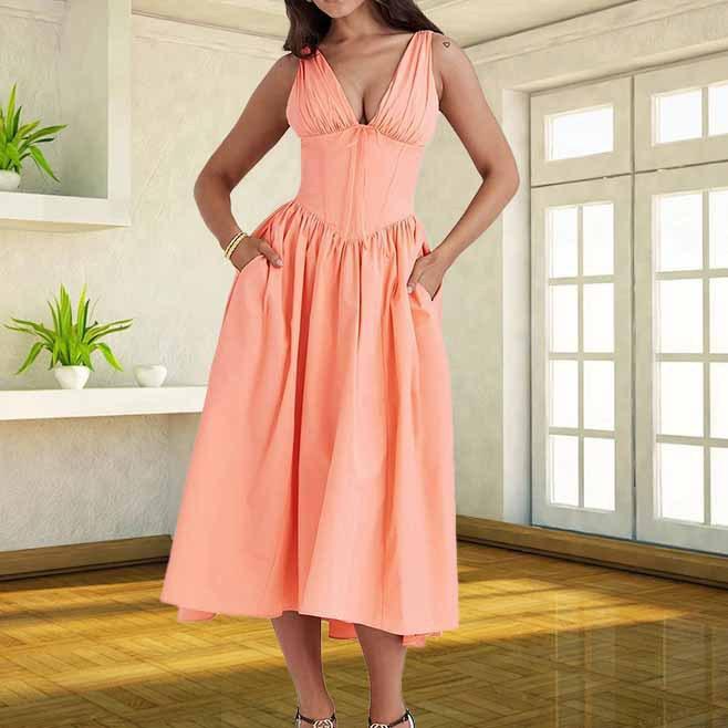 V-neck Backless Halter-neck Printed New Style Dress, Long Skirt S оранжевый