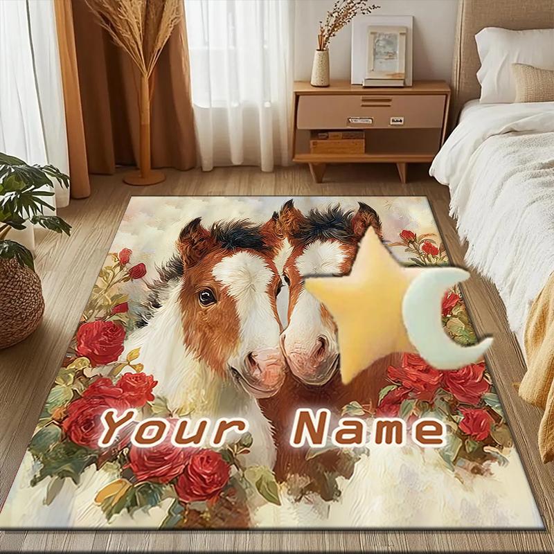 1PC Custom Name Horses Garden Theme Floor Mat Ideal for Living Room, Game Rooms, Office, Bedroom,Floor Mat Playful Design