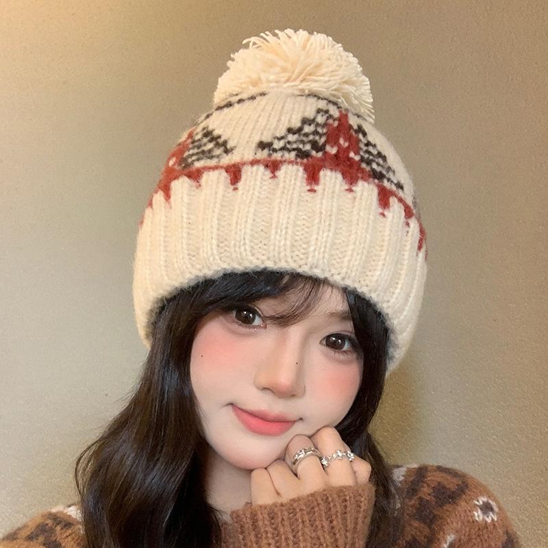 Autumn and Winter New Retro Jacquard Hat for Women Ear Protection  Cold Protection  Headband Hat  Small Fur Ball Knitted Hat with Face,